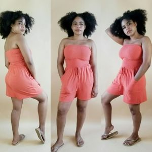 Smocked Tube Top Romper Coral